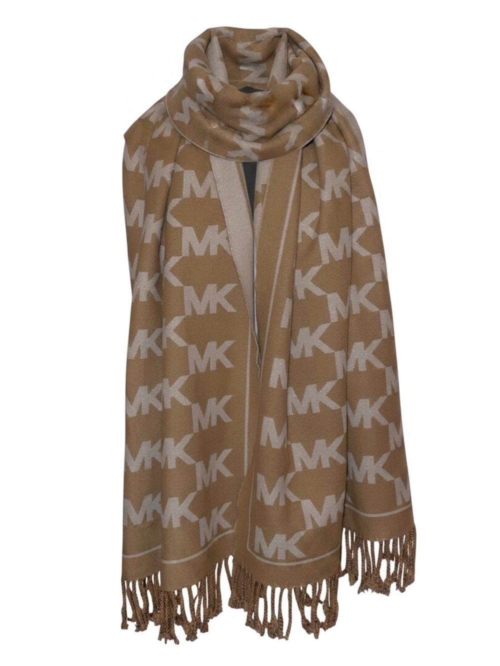 MICHAEL KORS Wrap Scarf Signature “MK” Logo Scarf Beige Camel Tan 
75”x 26”